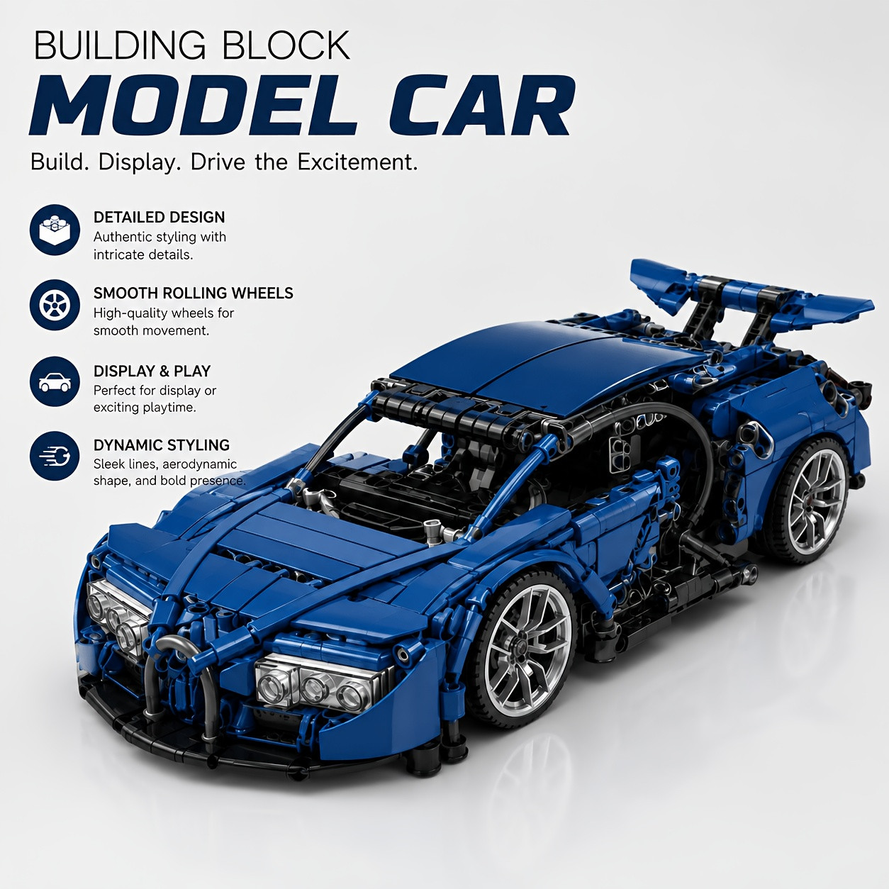 Blue mechanical sports car building block model